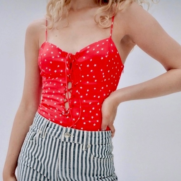 Zara Tops - NWT Zara Red Satin Effect Bodysuit White Star Print Sz M Celebrate Patriotic